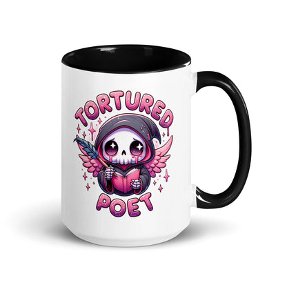 Tortured Poet Kawaii Grim Reaper Accent Coffee Mug by Spinsterly Co, white ceramic with black interior