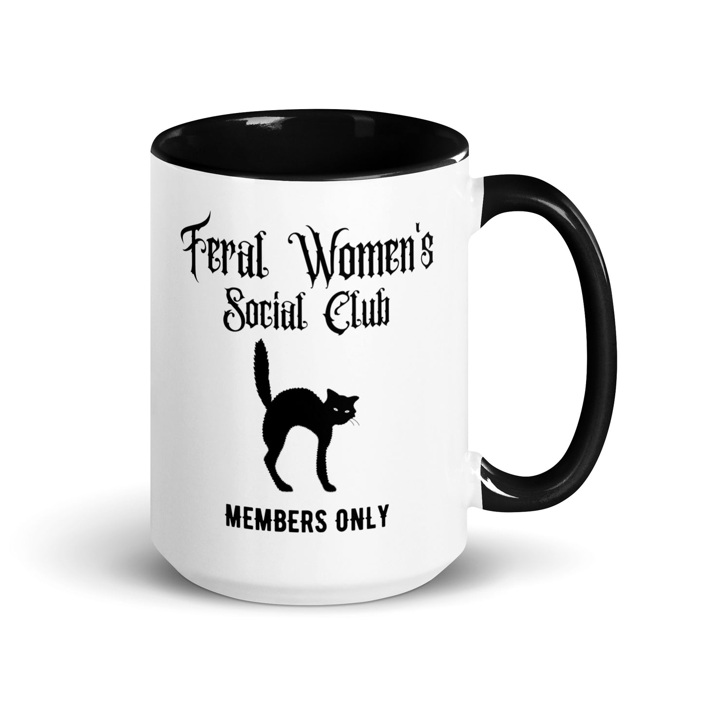 Feral Women's Social Club Accent Coffee Mug by Spinsterly Co, white ceramic with glossy black interior and cat stamp