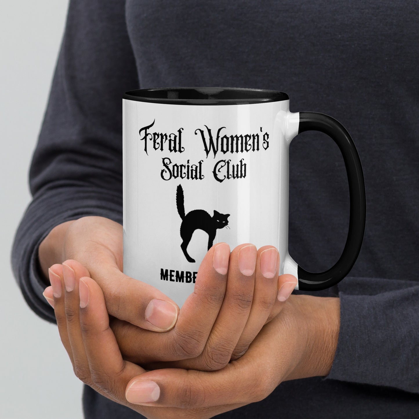 Feral Women's Social Club Accent Coffee Mug by Spinsterly Co, black cat silhouette on white with glossy ceramic