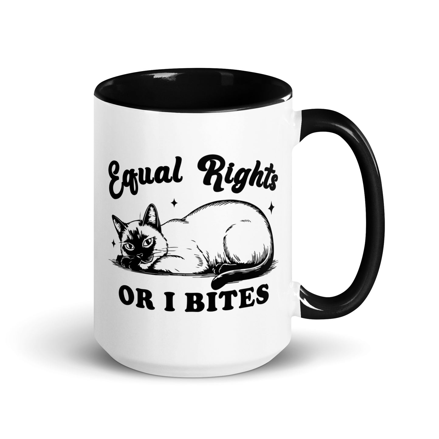 Equal Rights or I Bites Siamese Cat Accent Coffee Mug by Spinsterly Co, white ceramic with glossy black interior