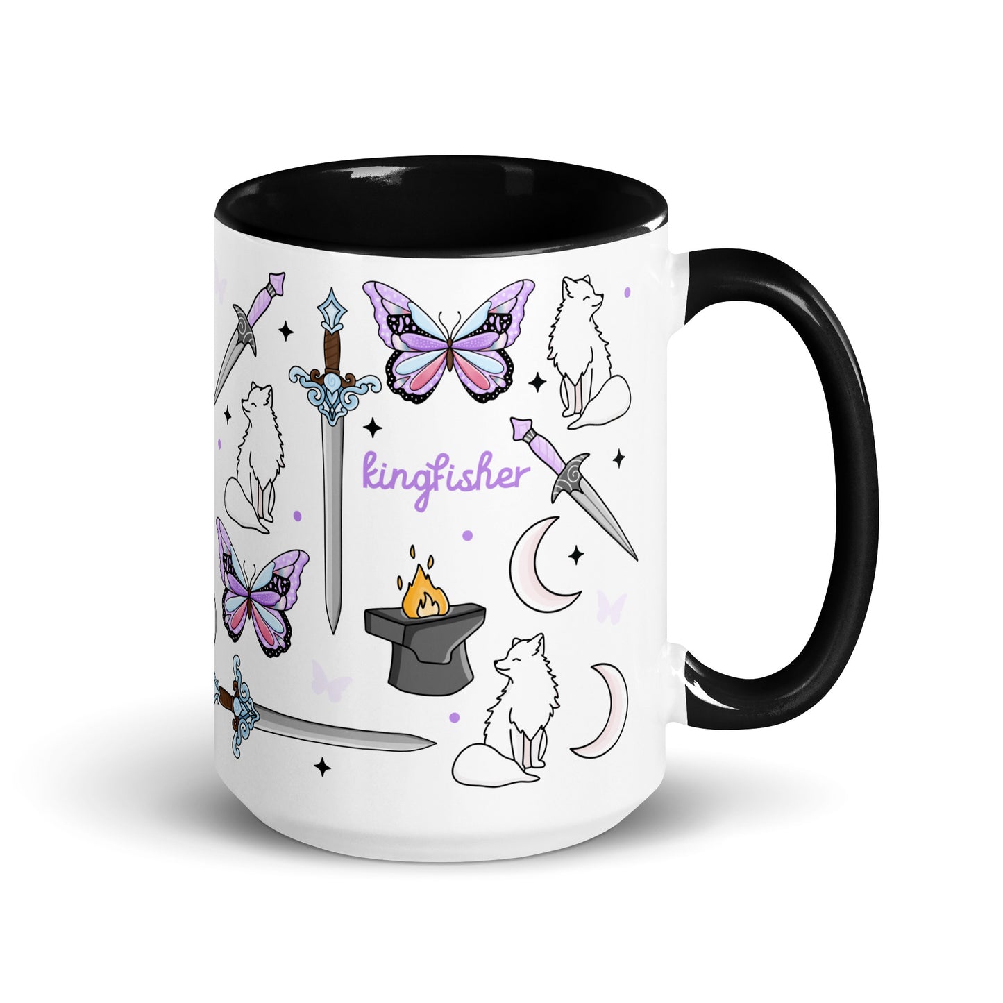 Little Osha Fantasy Scatter Pattern Accent Coffee Mug by Spinsterly Co, white ceramic with glossy black interior