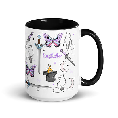 Little Osha Fantasy Scatter Pattern Accent Coffee Mug by Spinsterly Co, white ceramic with glossy black interior