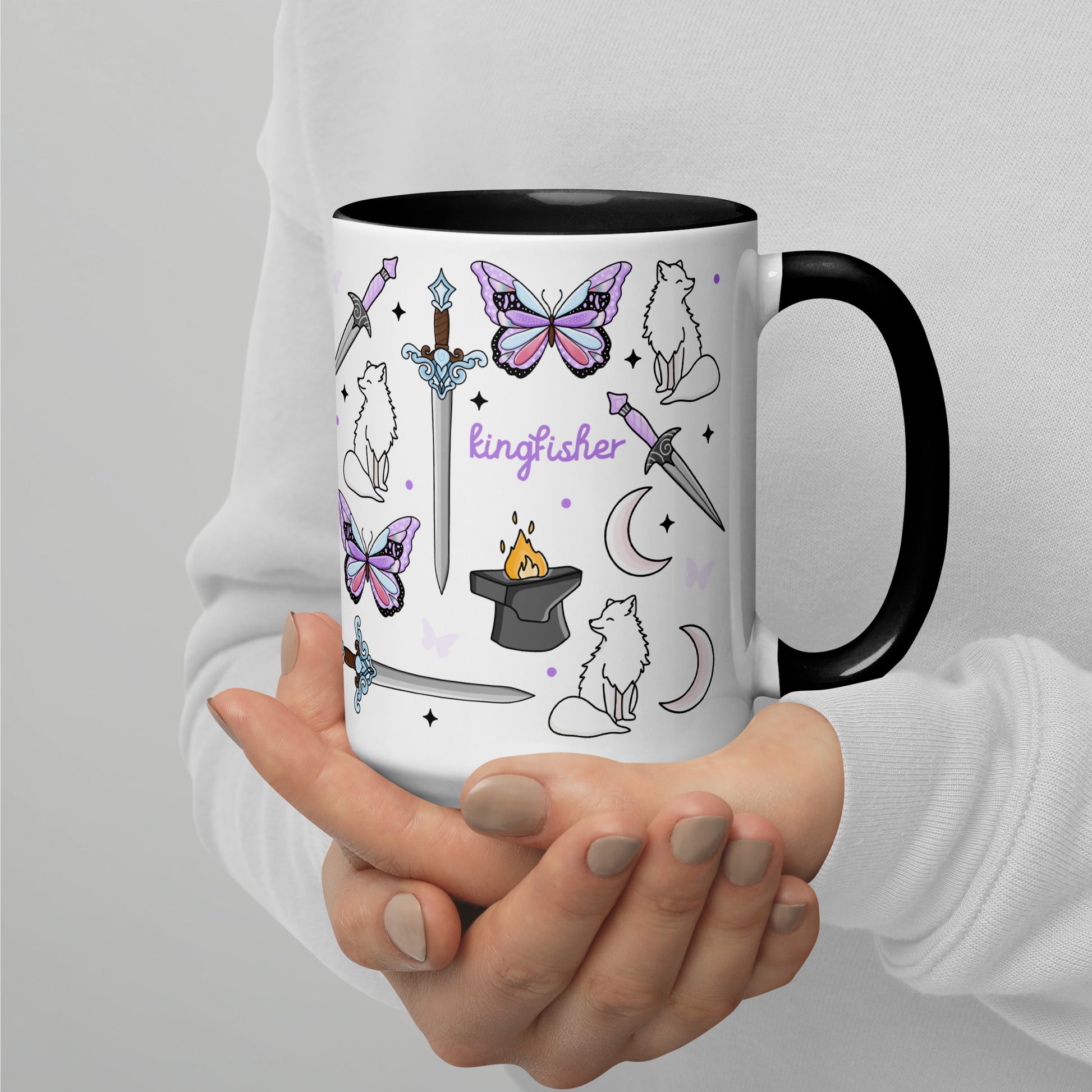 Little Osha Fantasy Scatter Pattern Accent Coffee Mug Spinsterly Co white ceramic mug with dark fantasy artwork