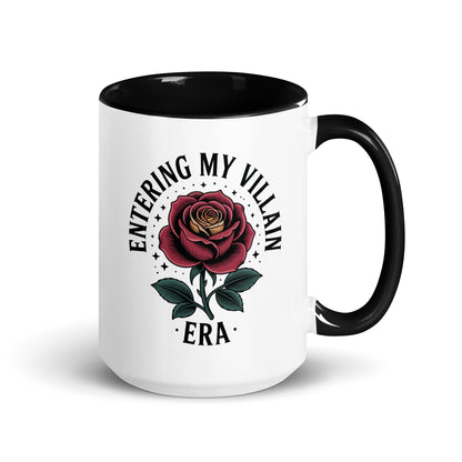 Entering My Villain Era Rose Accent Coffee Mug by Spinsterly Co, glossy white ceramic with black interior