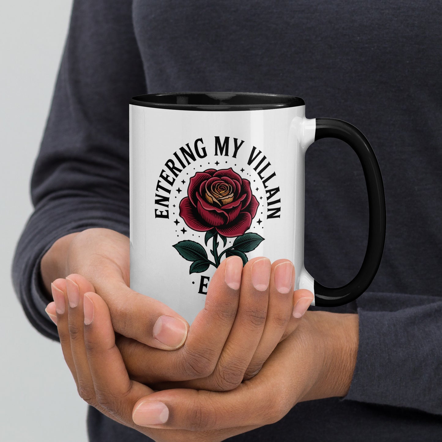 Entering My Villain Era Rose Accent Coffee Mug by Spinsterly Co, glossy ceramic with rose graphic and black interior