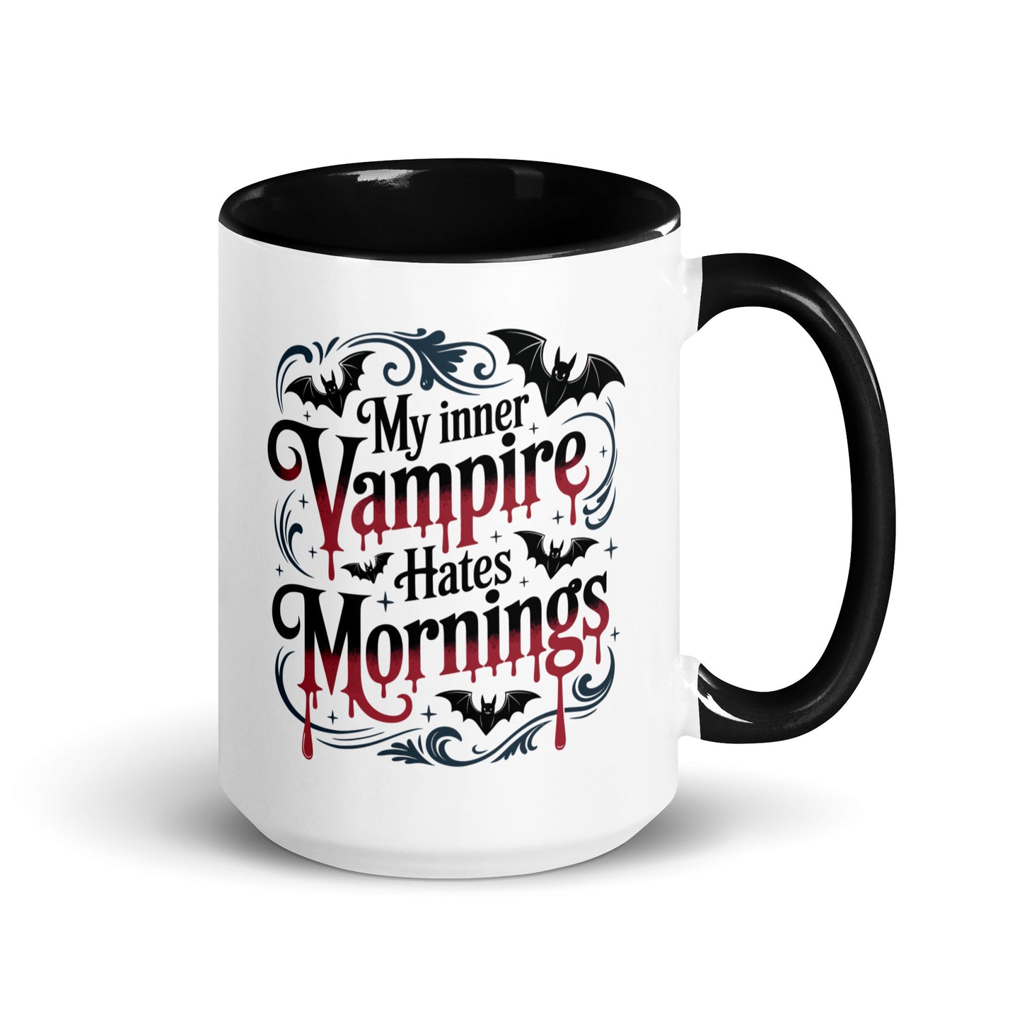 My Inner Vampire Hates Mornings Gothic Accent Coffee Mug by Spinsterly Co, glossy white ceramic with bat typography
