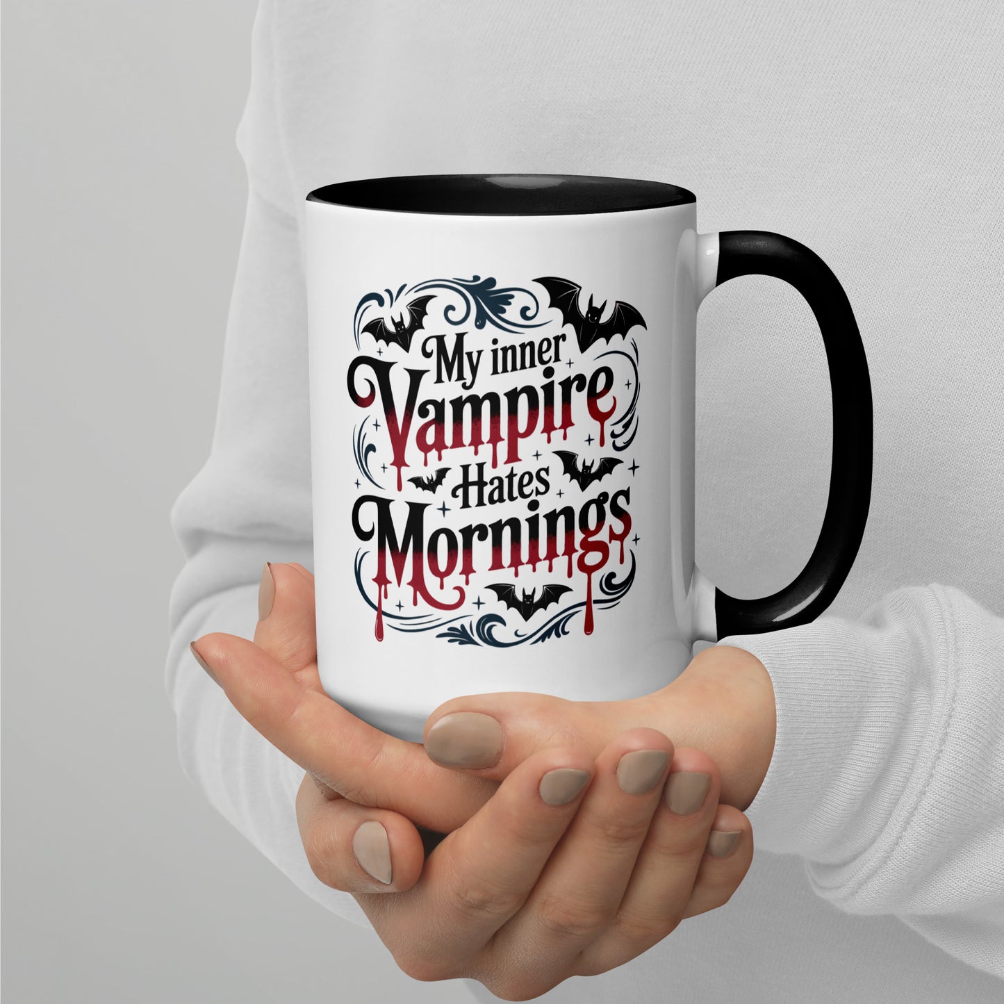 My Inner Vampire Hates Mornings Gothic Accent Coffee Mug Spinsterly Co ceramic mug with glossy black interior
