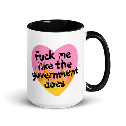 Fck Me Like the Government Does Flame Heart Accent Coffee Mug by Spinsterly Co, white ceramic with pink flame heart