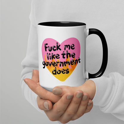 Fck Me Like the Government Does Flame Heart Accent Coffee Mug by Spinsterly, white ceramic with black interior