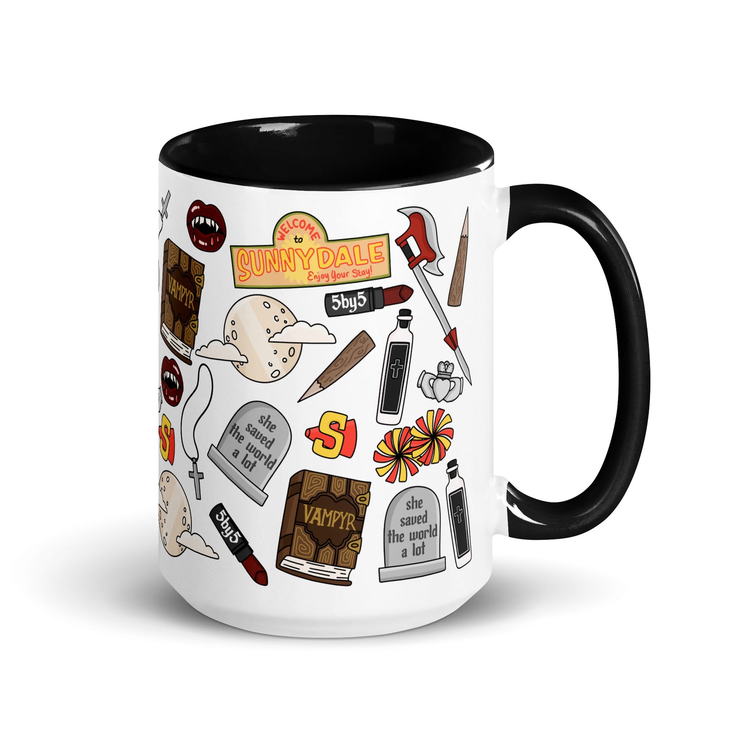 She Saved the World a Lot Slayer Scatter Pattern Accent Coffee Mug by Spinsterly Co, glossy white ceramic