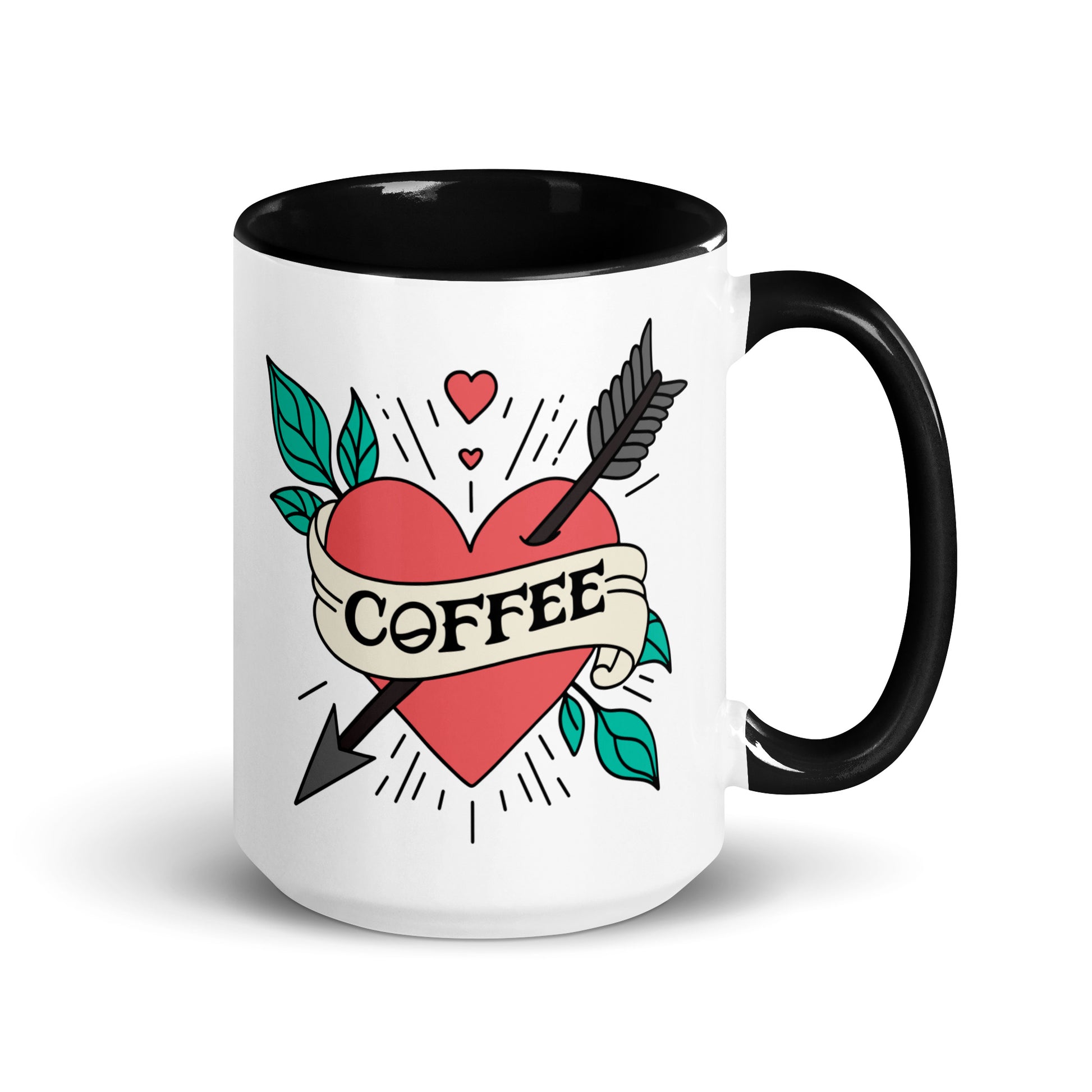 Coffee Tattoo Heart Arrow Accent Coffee Mug by Spinsterly Co in glossy white with black interior