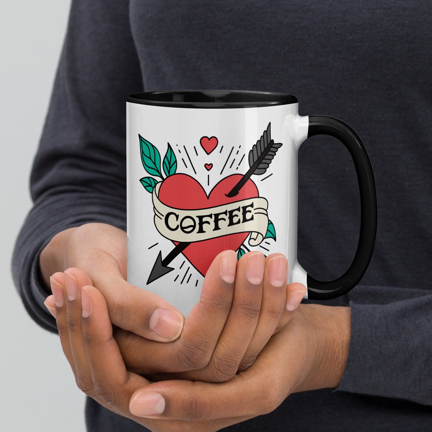 Coffee Tattoo Heart Arrow Accent Coffee Mug by Spinsterly Co in glossy white with red heart arrow design