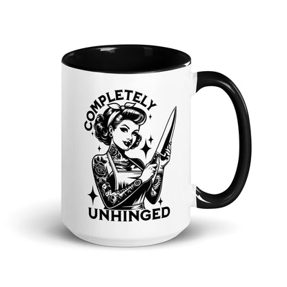 Completely Unhinged Tattooed Pin-Up Dagger Accent Coffee Mug by Spinsterly Co, glossy white ceramic with black interior