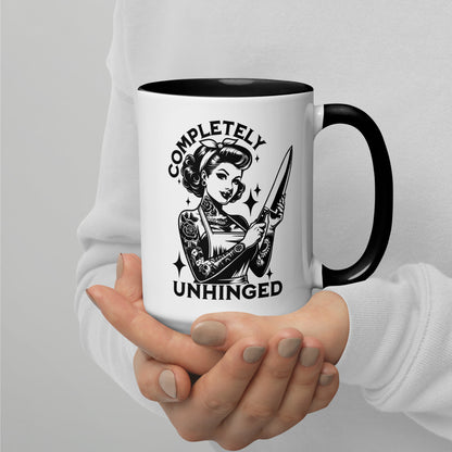 Completely Unhinged Tattooed Pin-Up Dagger Accent Coffee Mug by Spinsterly Co, glossy ceramic white with black interior