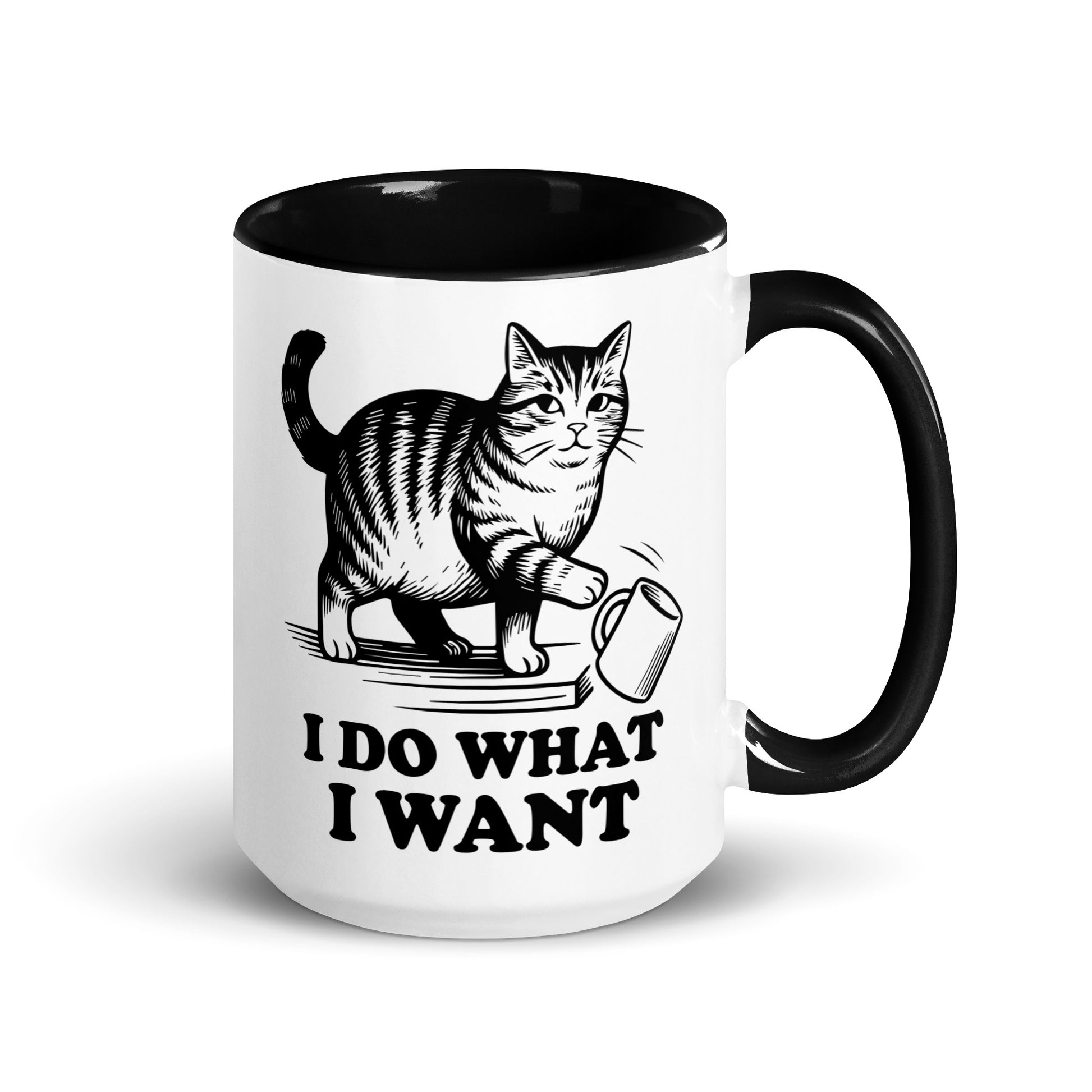 I Do What I Want Cat Knocking Mug Accent Coffee Mug by Spinsterly Co, glossy ceramic with tabby graphic