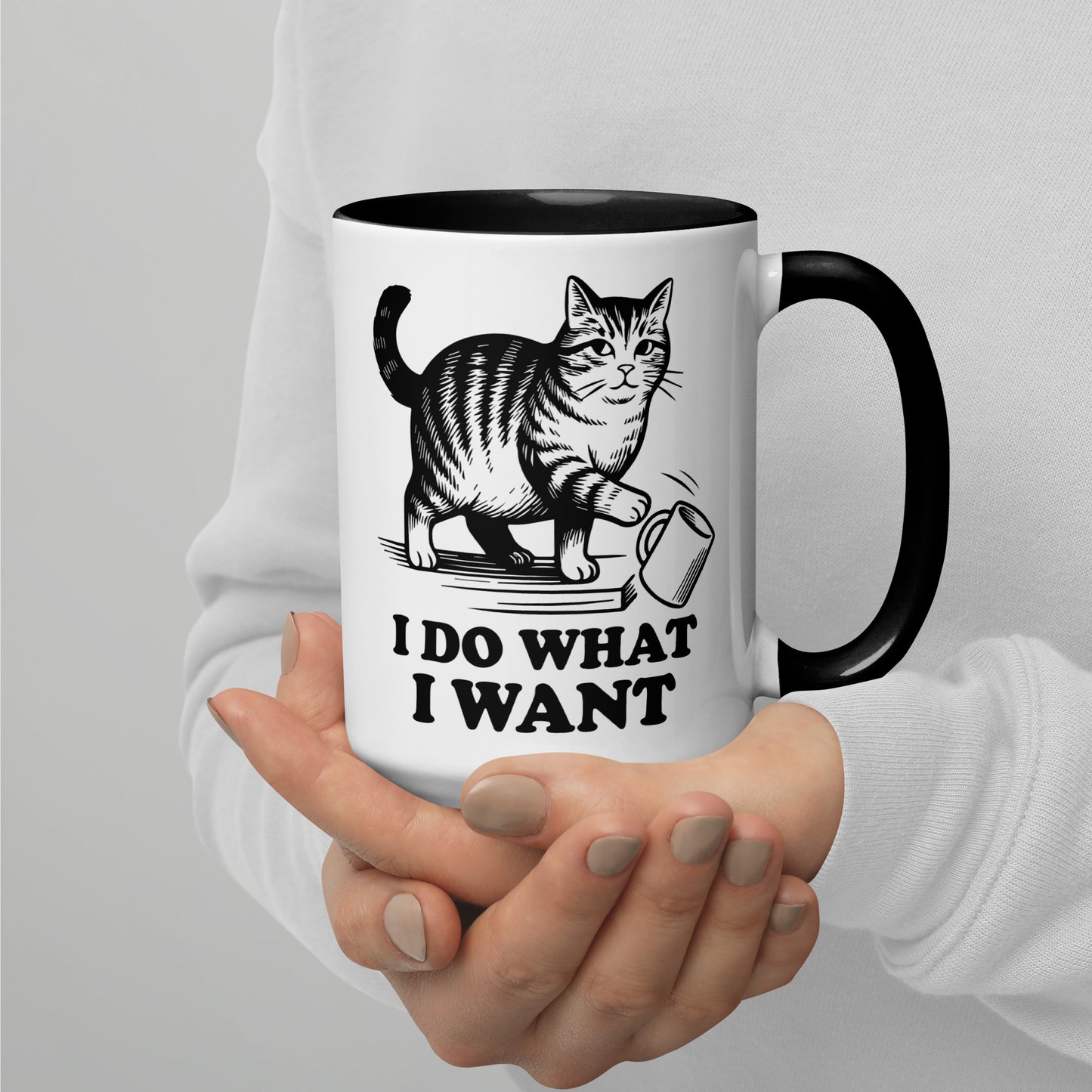 I Do What I Want Cat Knocking Mug Accent Coffee Mug by Spinsterly Co, glossy ceramic with tabby cat graphic