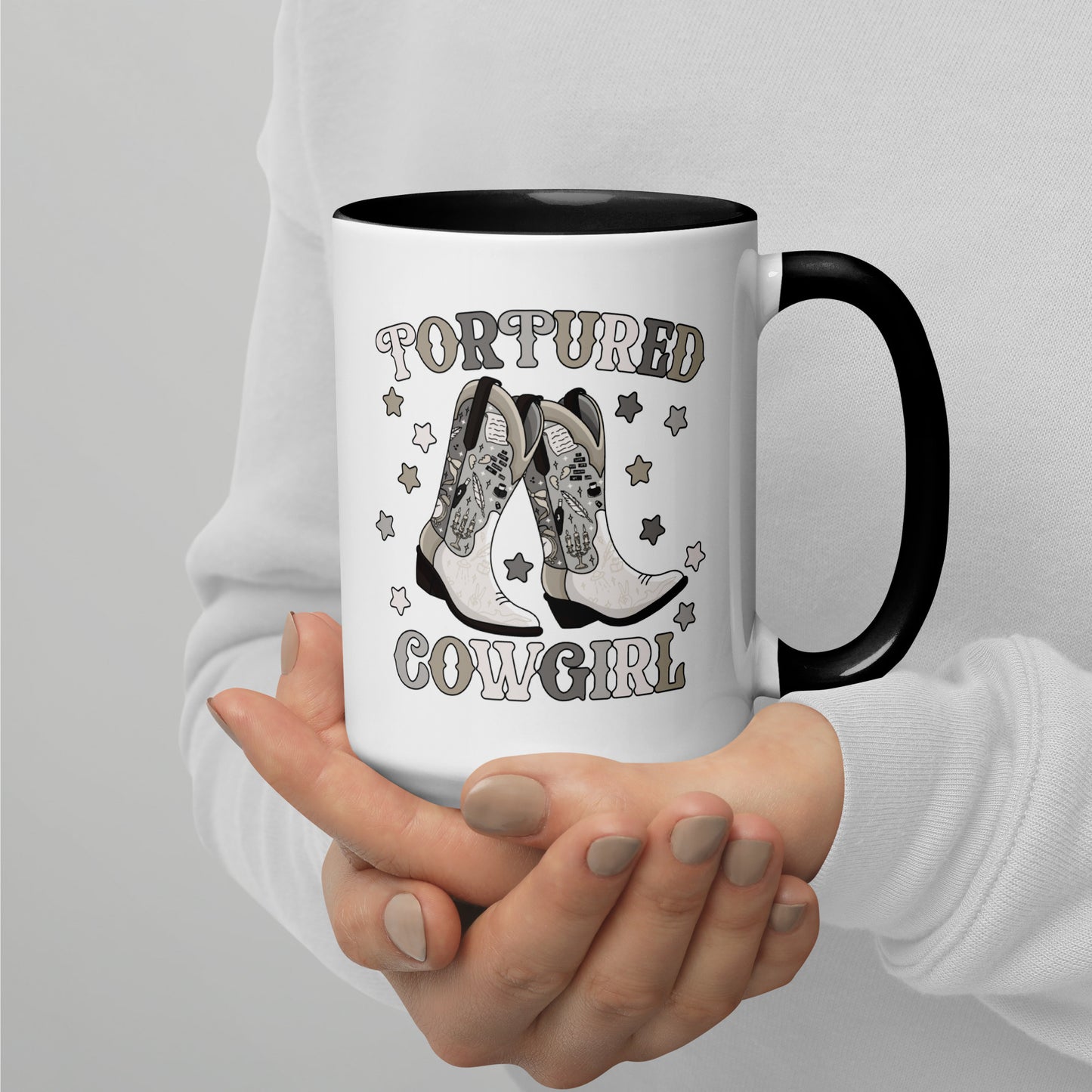 Tortured Cowgirl Western Boot Accent Coffee Mug by Spinsterly Co, white ceramic with glossy printed artwork