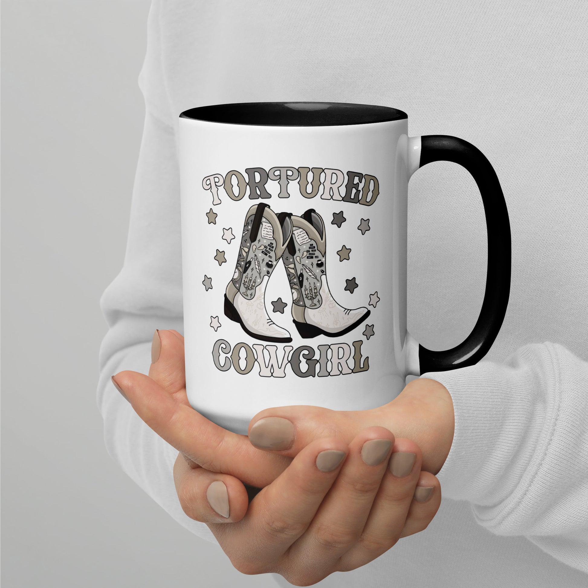 Tortured Cowgirl Western Boot Accent Coffee Mug by Spinsterly Co, white ceramic with glossy printed artwork