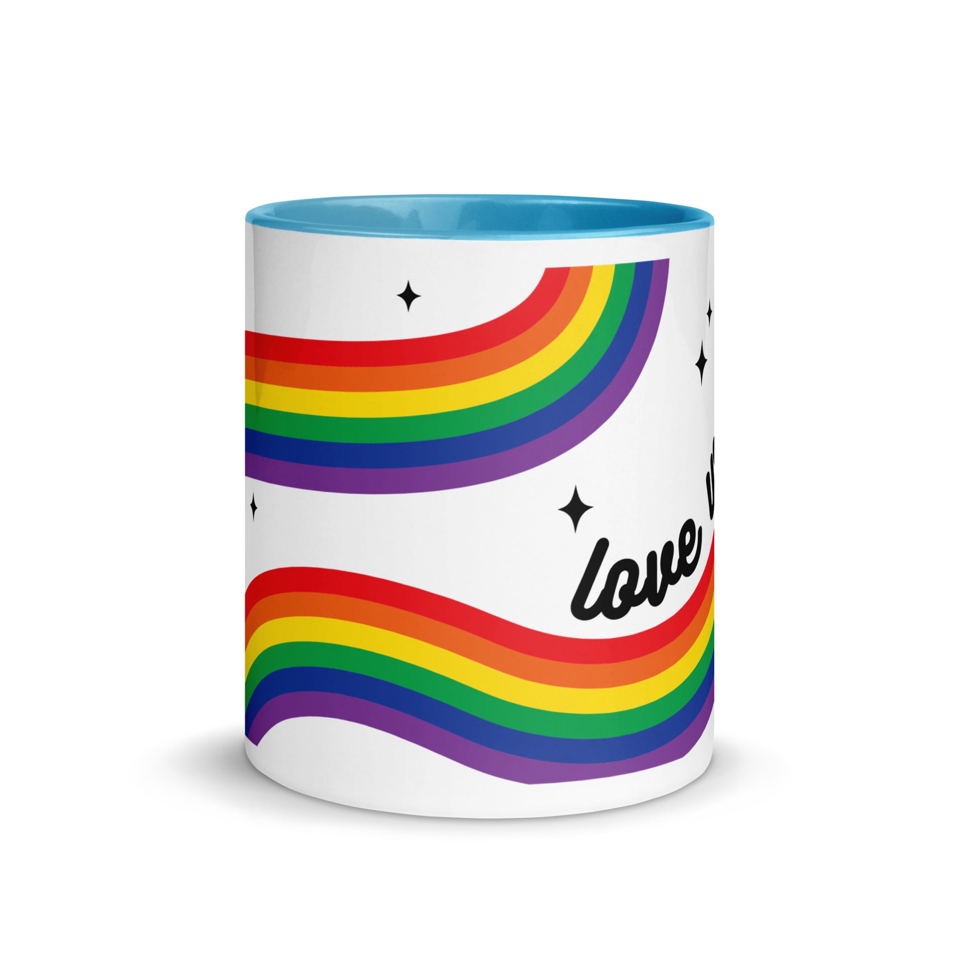 Love is Love Rainbow Pride Accent Coffee Mug LGBTQIA Gift by Spinsterly Co, blue rim, rainbow stripe and sparkle stars