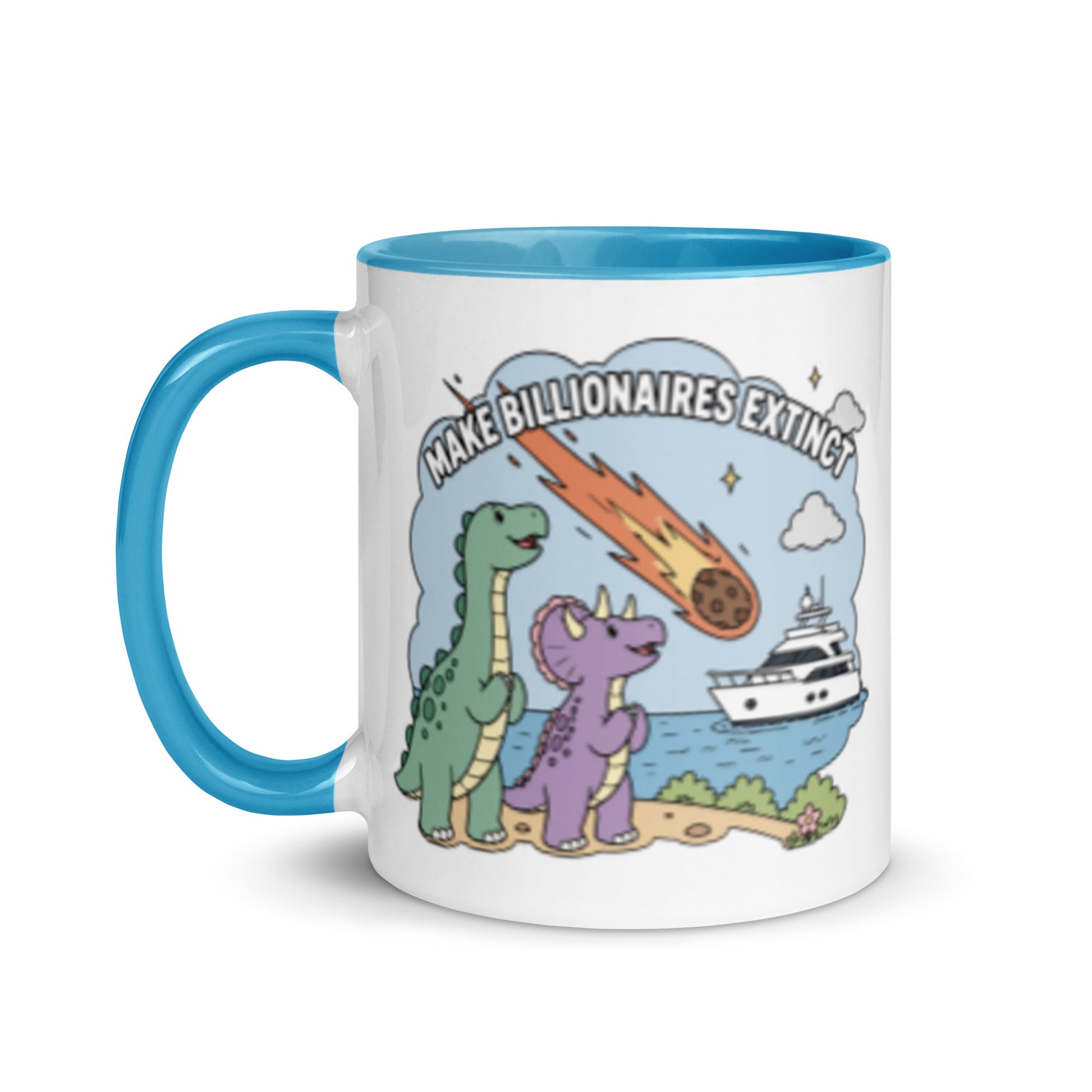 Make Billionaires Extinct Mug anti-billionaire statement mug by Spinsterly Co, glossy ceramic with blue interior