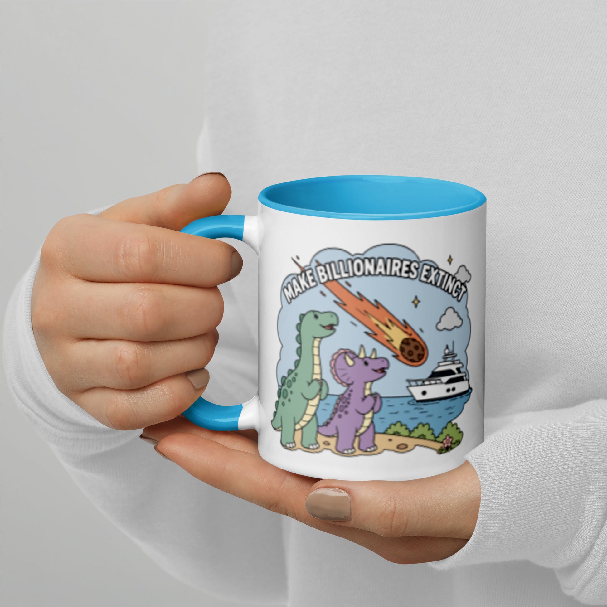 Make Billionaires Extinct Mug Anti-Billionaire Statement Mug by Spinsterly Co, glossy ceramic with blue interior