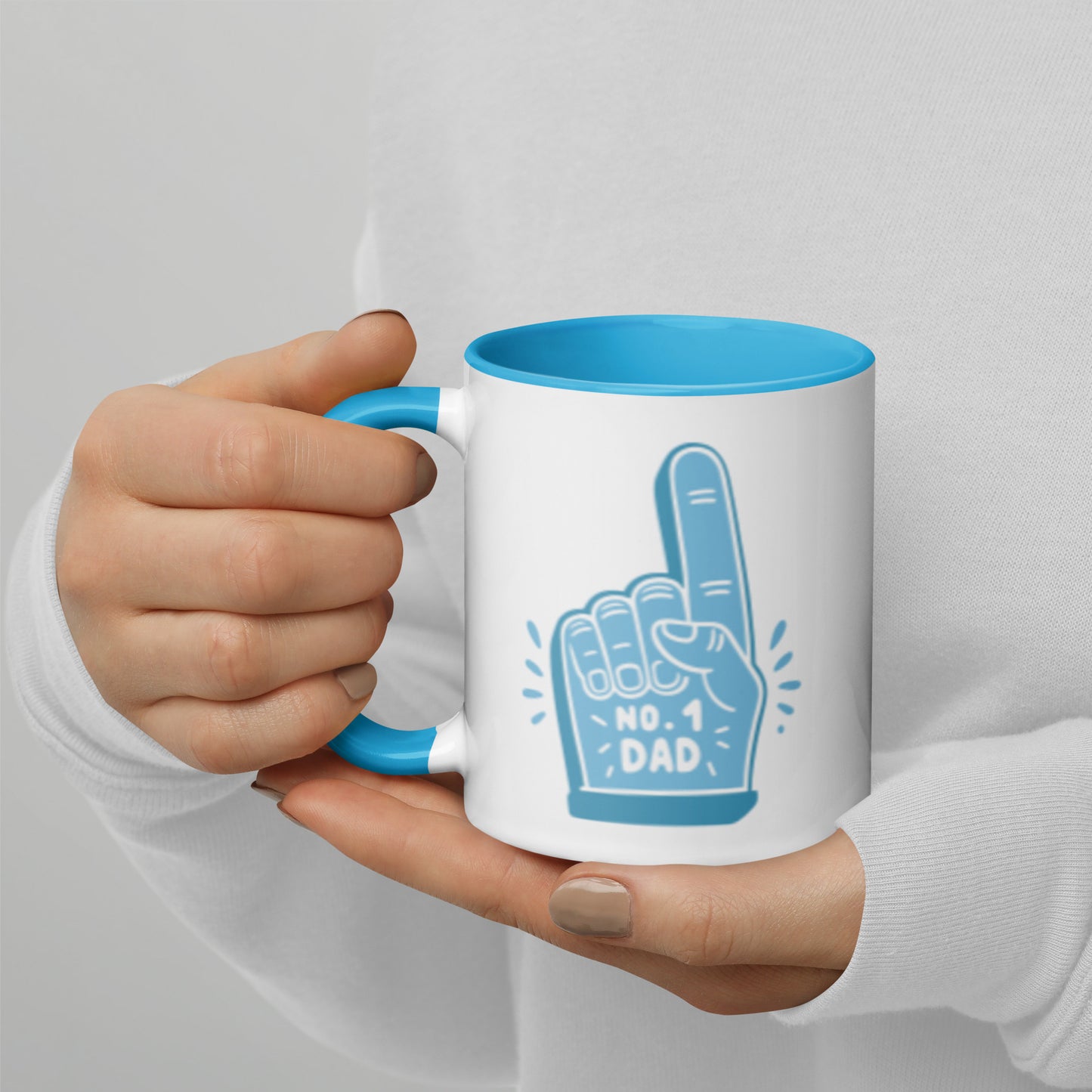 No. 1 Dad Mug Foam Finger Ceramic Mug by Spinsterly Co, white ceramic with blue interior and glossy print