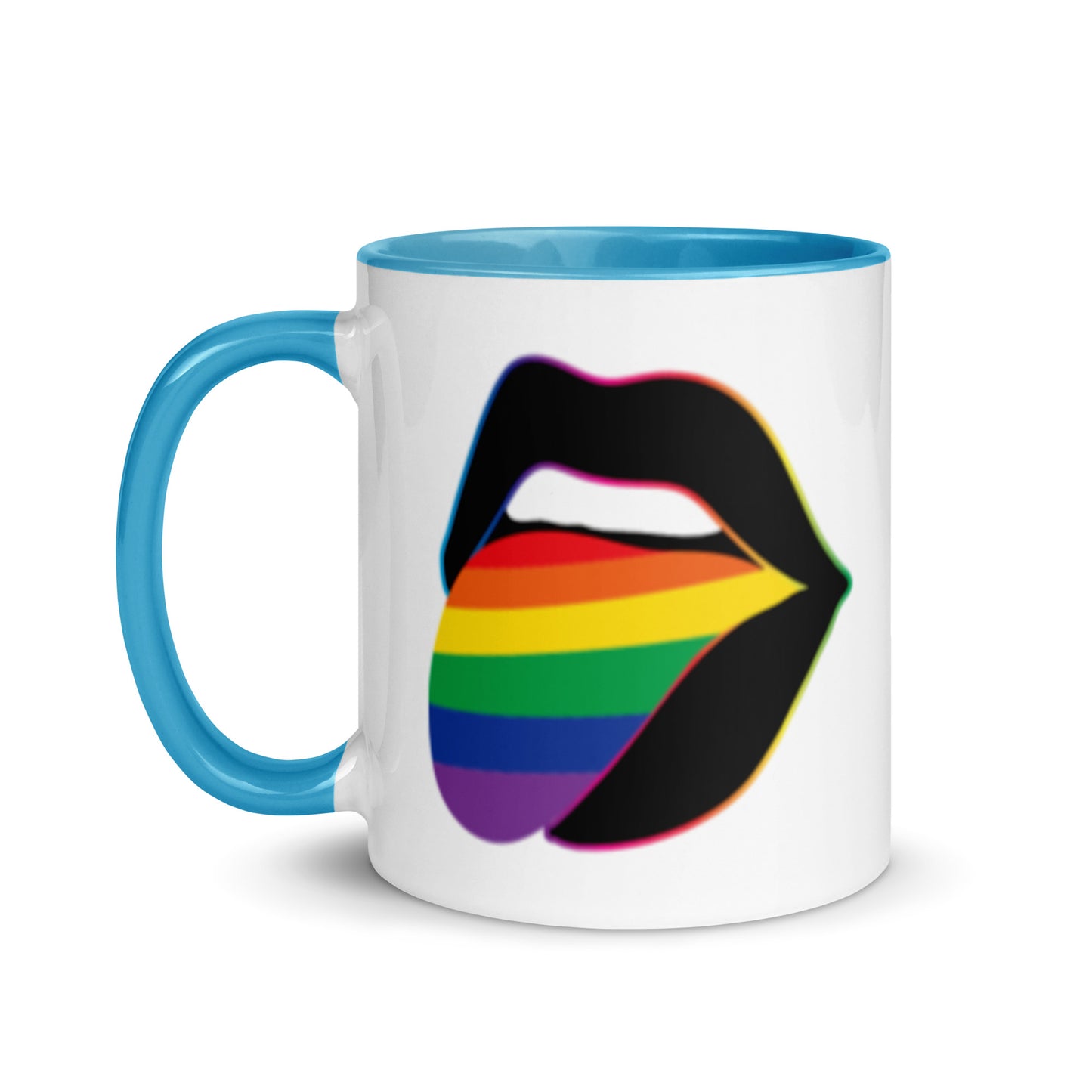 Pride Lips Mug Rainbow LGBTQ Ceramic Mug by Spinsterly Co in Blue with glossy ceramic finish