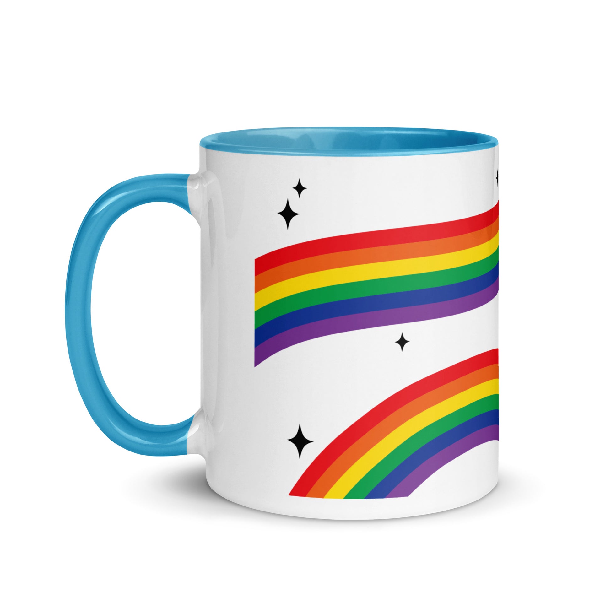 Love is Love Rainbow Pride Accent Coffee Mug LGBTQIA Gift Spinsterly Co ceramic mug in Blue with rainbow stripe