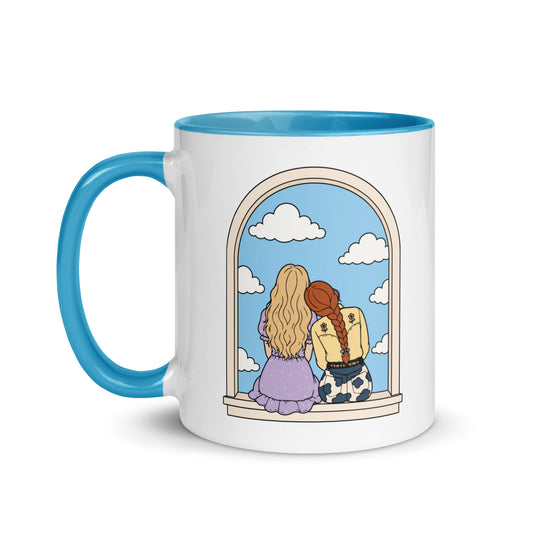 Windowsill Friends Color Inside Ceramic Mug by Spinsterly Co, blue interior and handle with whimsical friendship art