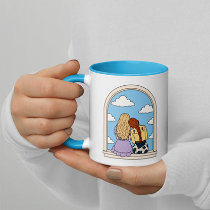 Windowsill Friends Color Inside Ceramic Mug by Spinsterly Co in white with blue color inside design
