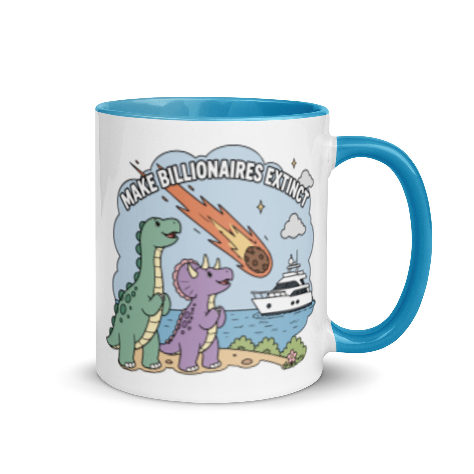 Make Billionaires Extinct Mug Spinsterly Co ceramic statement mug with glossy finish and blue interior