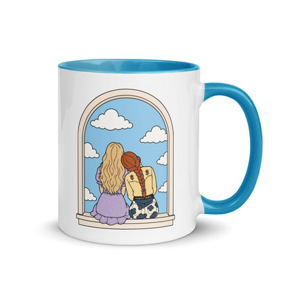 Windowsill Friends Color Inside Ceramic Mug by Spinsterly Co with blue interior and whimsical friendship scene