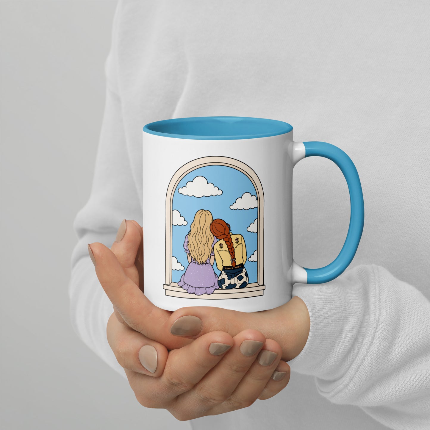 Windowsill Friends Color Inside Ceramic Mug by Spinsterly Co with blue interior and whimsical friendship illustration