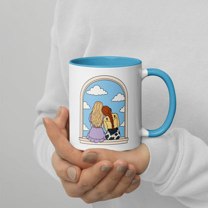 Windowsill Friends Color Inside Ceramic Mug by Spinsterly Co with blue interior and whimsical friendship illustration