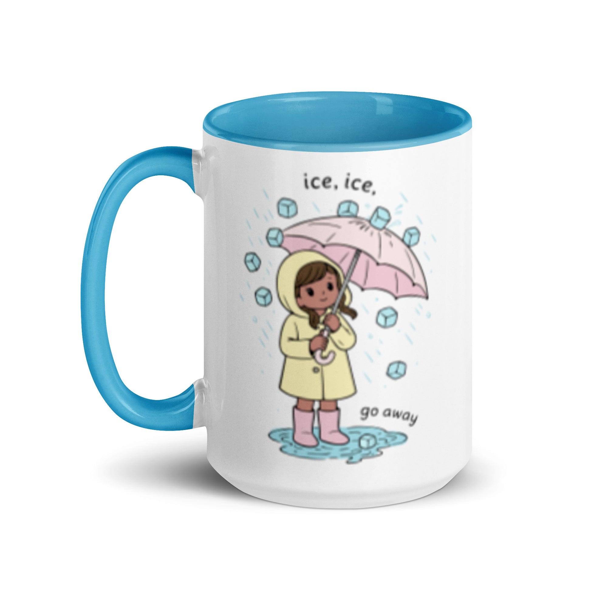 Ice Ice Go Away Mug Anti-ICE Immigration Justice Mug by Spinsterly Co, blue glossy ceramic with two-sided print