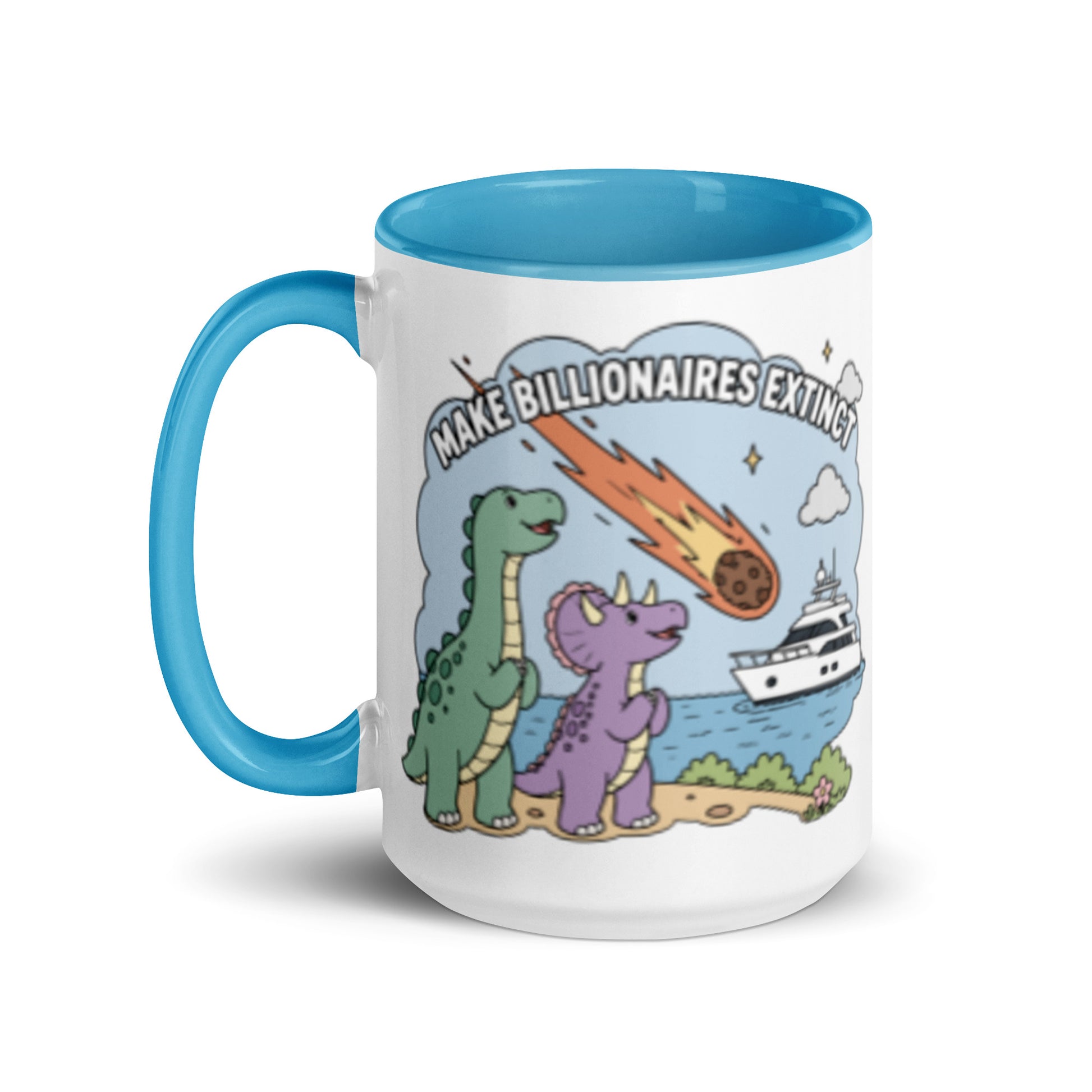 Make Billionaires Extinct Mug Anti-Billionaire Statement Mug by Spinsterly Co, glossy ceramic with blue interior