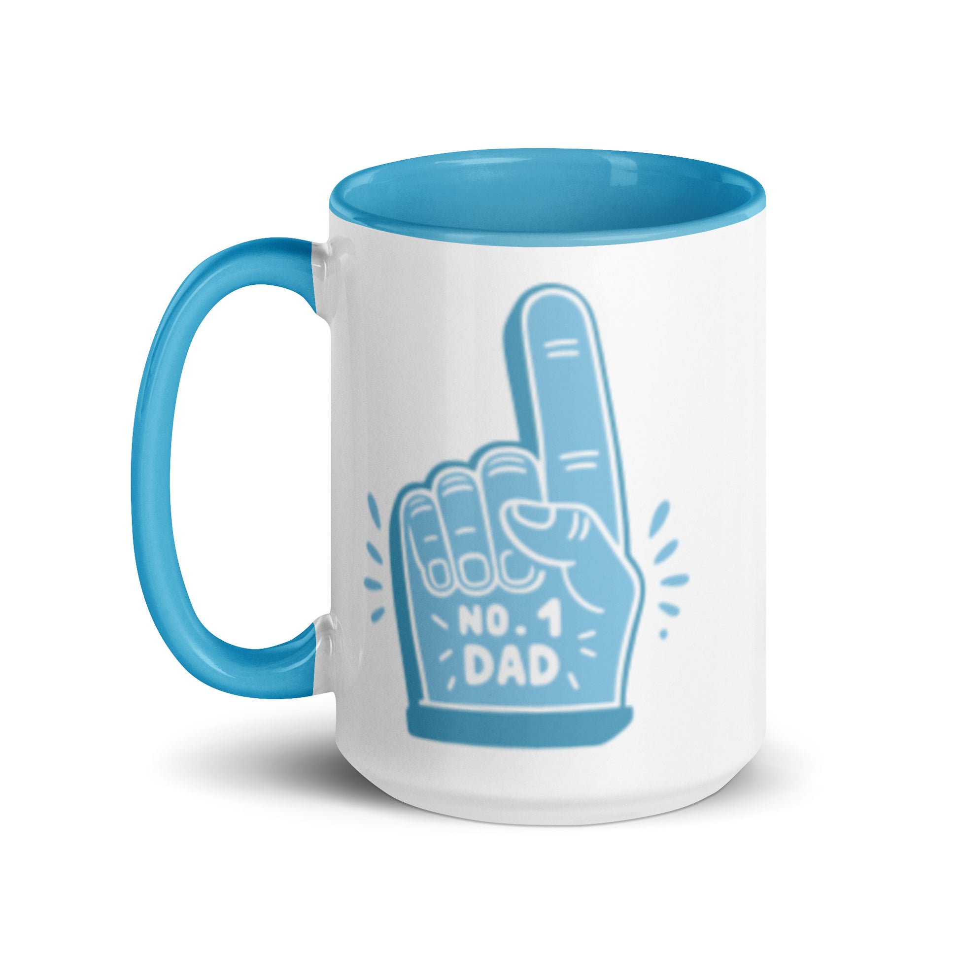 No. 1 Dad Mug Foam Finger Ceramic Mug by Spinsterly Co in glossy white and blue with double-sided illustration