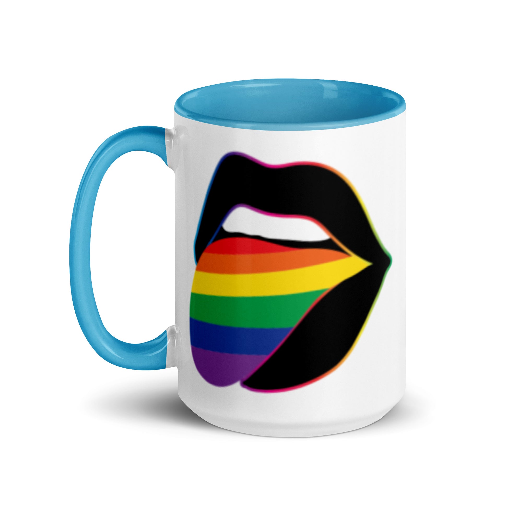 Pride Lips Mug Rainbow LGBTQ Ceramic Mug by Spinsterly Co in Blue with glossy ceramic finish