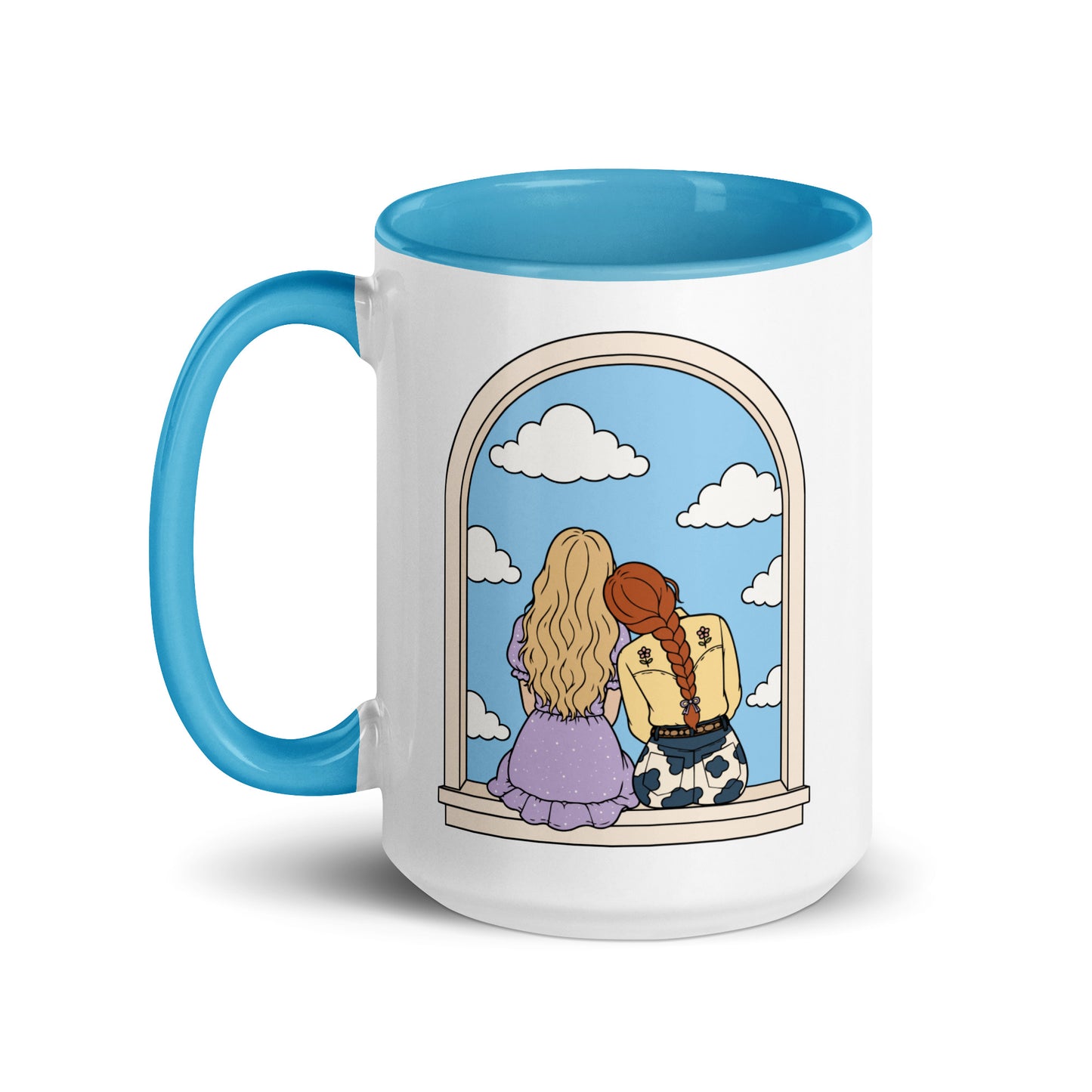 Windowsill Friends Color Inside Ceramic Mug by Spinsterly Co, white with blue interior and whimsical friendship art