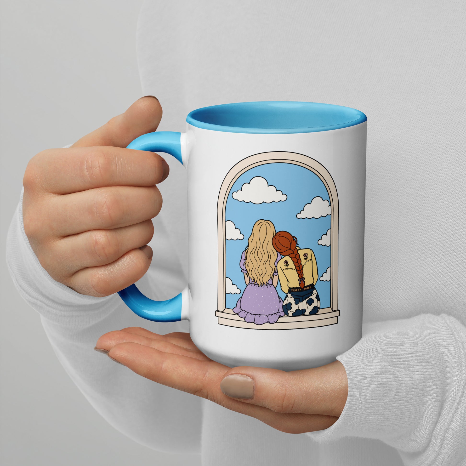 Windowsill Friends Color Inside Ceramic Mug by Spinsterly Co with blue inside and whimsical friendship illustration
