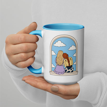 Windowsill Friends Color Inside Ceramic Mug by Spinsterly Co with blue inside and whimsical friendship illustration
