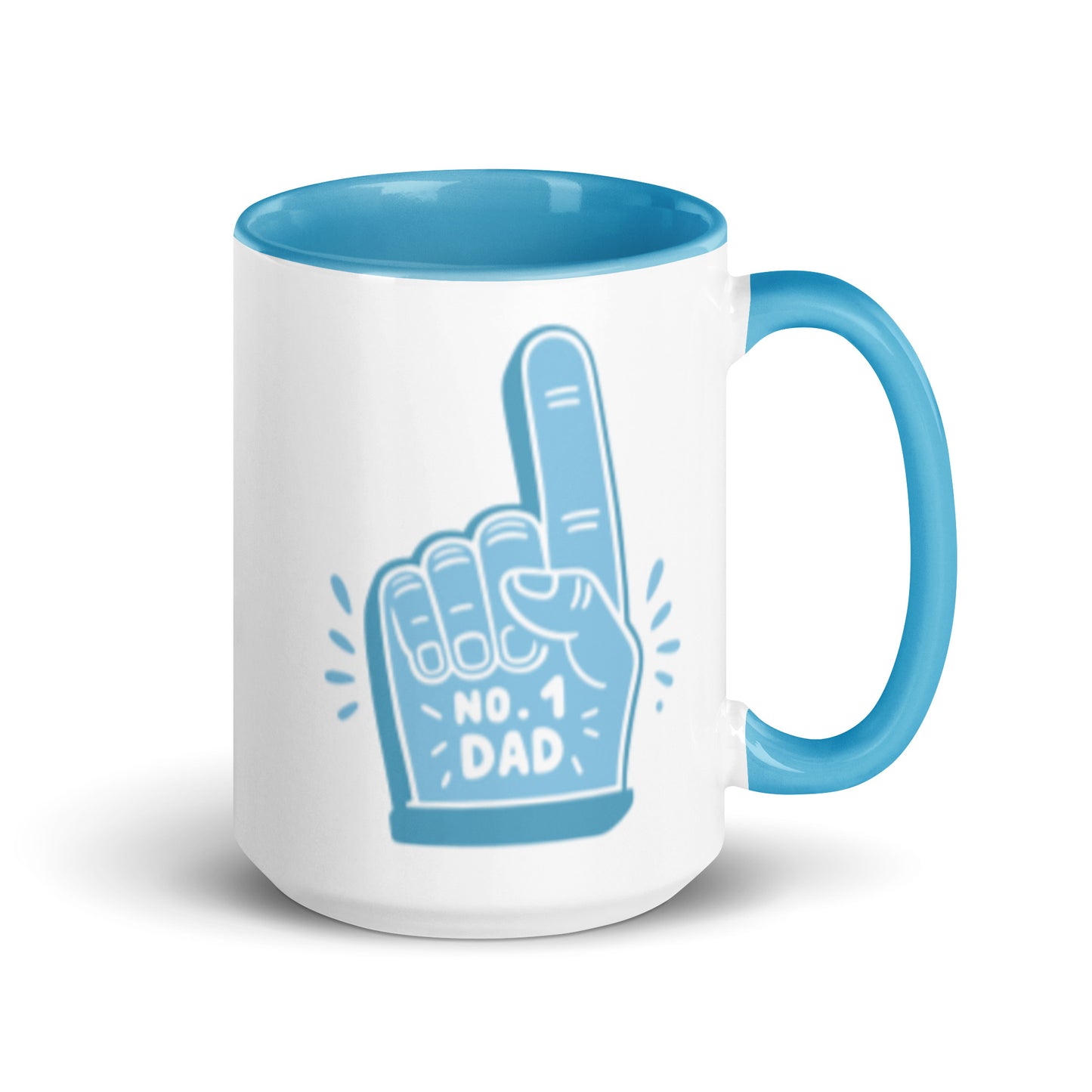 No. 1 Dad Mug Foam Finger Ceramic Mug by Spinsterly Co with glossy blue interior and double sided illustration