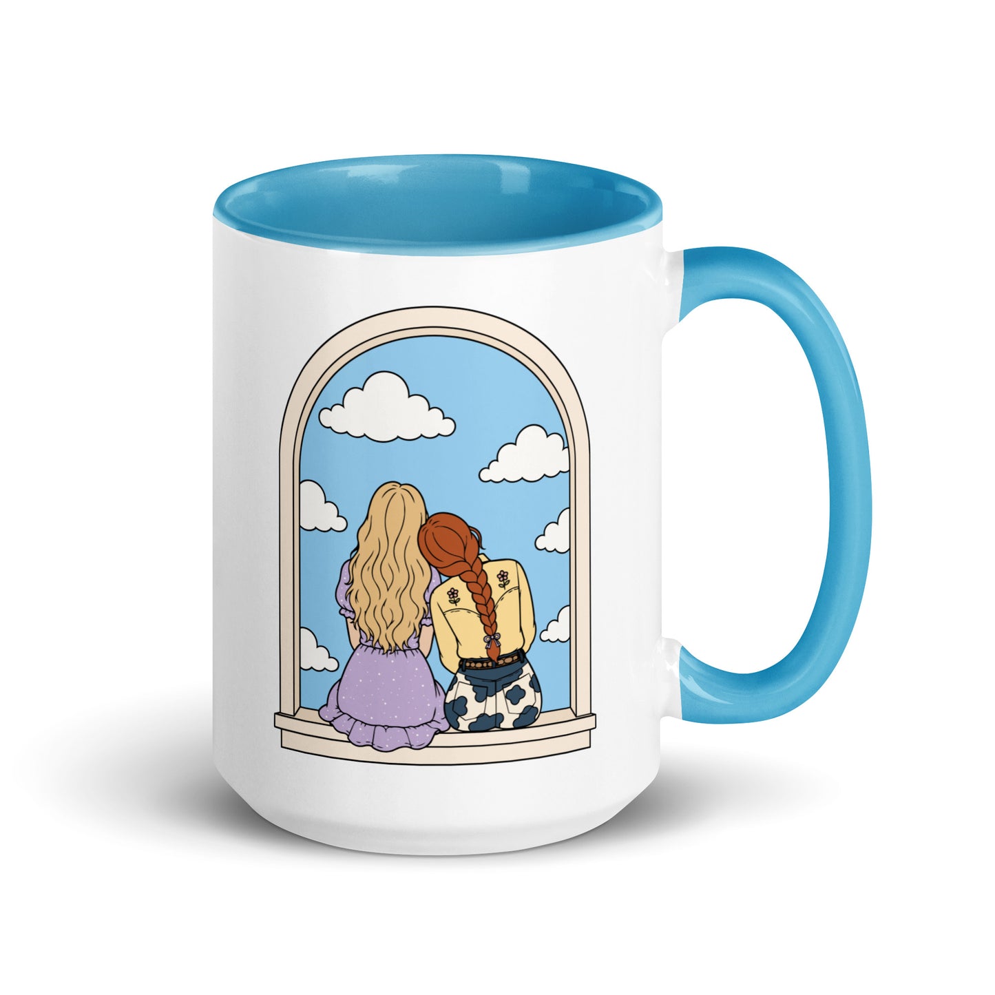 Windowsill Friends Color Inside Ceramic Mug by Spinsterly Co, white with blue interior and whimsical friendship design