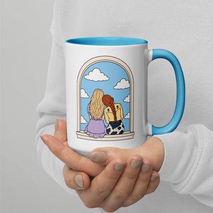 Windowsill Friends Color Inside Ceramic Mug by Spinsterly Co, white with blue inside and whimsical friendship scene