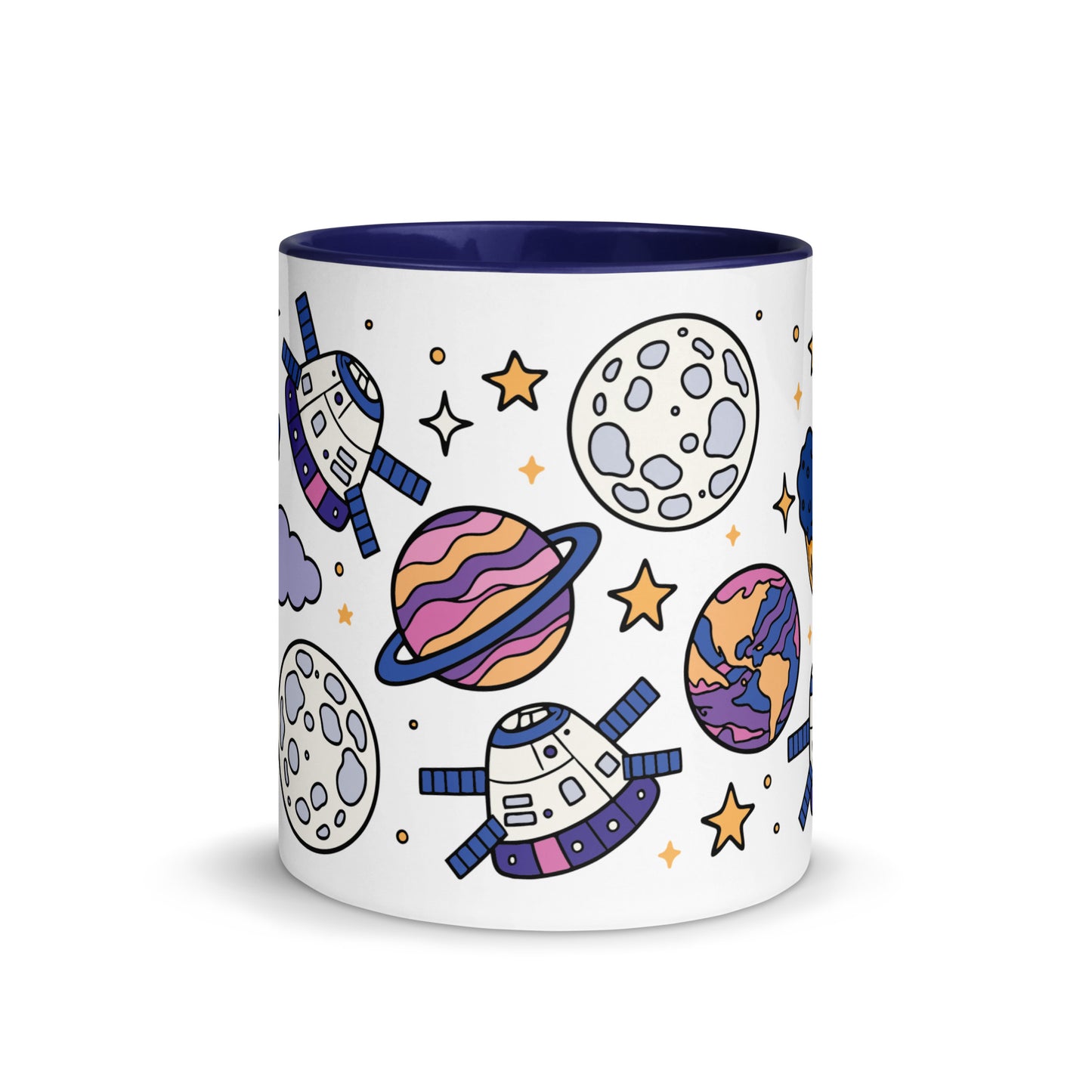 Cosmic Cuties Kawaii Space Pattern Accent Coffee Mug by Spinsterly Co in glossy white with navy rim