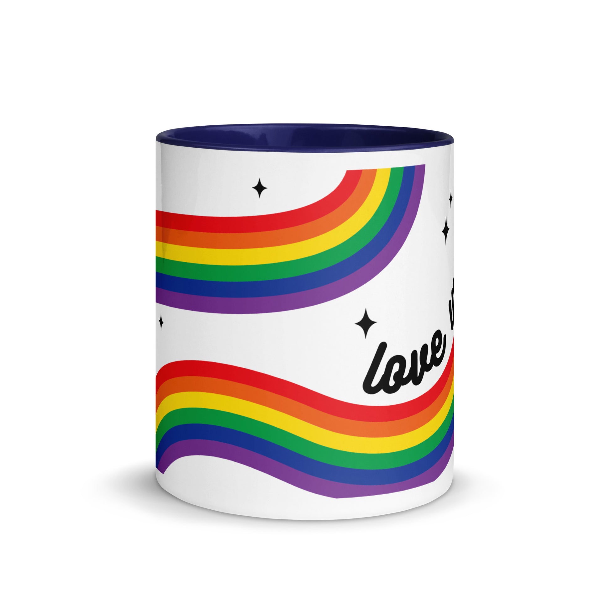 Love is Love Rainbow Pride Accent Coffee Mug LGBTQIA Gift by Spinsterly Co, glossy ceramic in Dark Blue