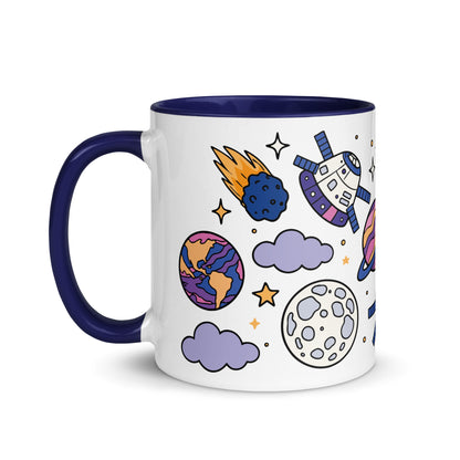 Cosmic Cuties Kawaii Space Pattern Accent Coffee Mug by Spinsterly Co, glossy ceramic with full-wrap space art