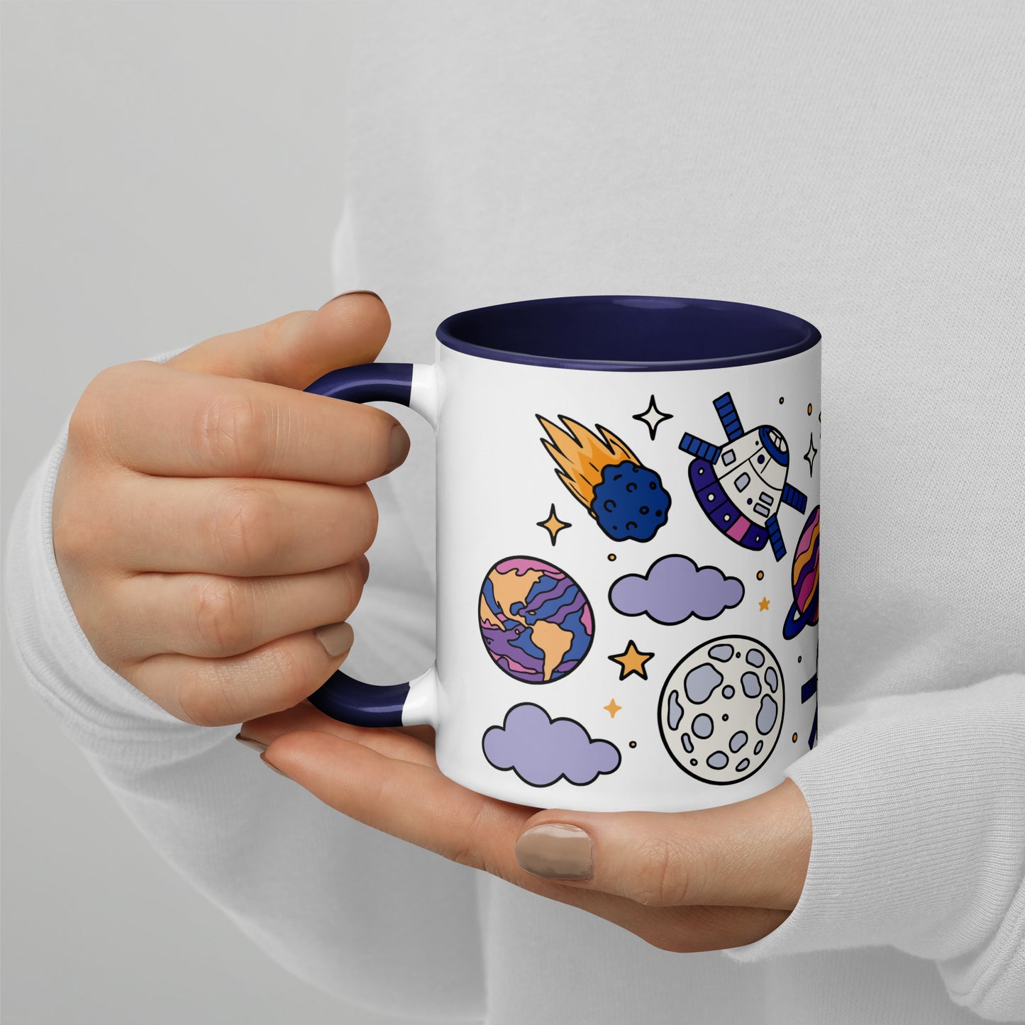 Cosmic Cuties Kawaii Space Pattern Accent Coffee Mug by Spinsterly Co, glossy ceramic with navy inner