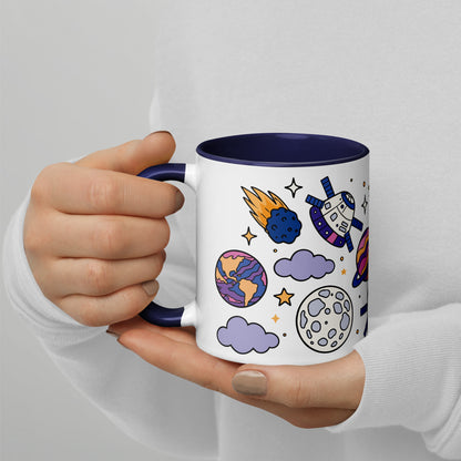 Cosmic Cuties Kawaii Space Pattern Accent Coffee Mug by Spinsterly Co, glossy ceramic with navy inner