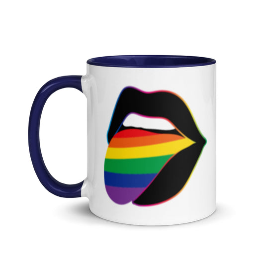 Pride Lips Mug Rainbow LGBTQ Ceramic Mug by Spinsterly Co in Blue with glossy ceramic finish